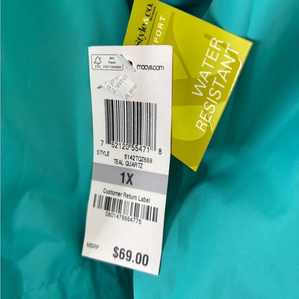 Style&Co sport teal quartz raincoat peacock sporty beautiful jacket sz 1X NWT - Picture 15 of 16